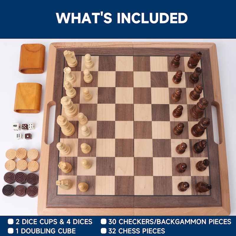 16" Classic 3-in-1 Wooden Folding Chess, Checker and Backgammon Board Game Combo Set