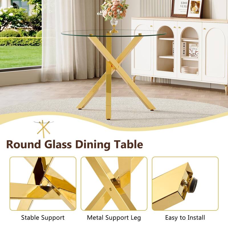 Set of 5 Piece Round Glass Dining Table and 4 Transparent Plastic Chairs X Shaped Metal Base