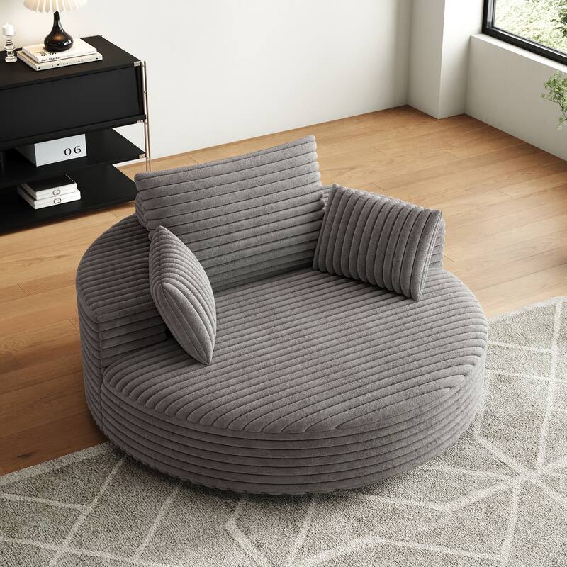 Oversized Swivel Accent Chair, Corduroy Round Lounge Sofa Chair, Upholstered Reading Armchair with Back Cushion & 2 Pillows