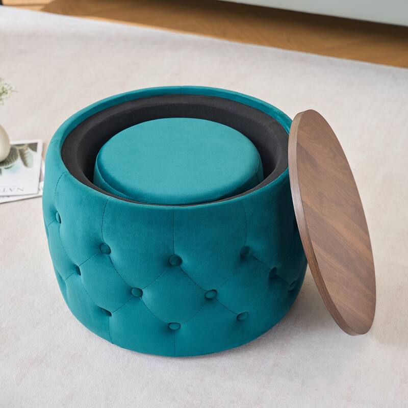 Luxurious Velvet Nesting Ottomans of 2, 4-in-1 Function, Round Storage Foot Stool with Wood Tray, No Assembly Needed