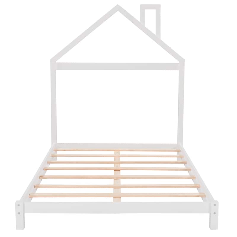 Full Size Wood Platform Bed with House-Shaped Headboard and Sturdy Pine Frame