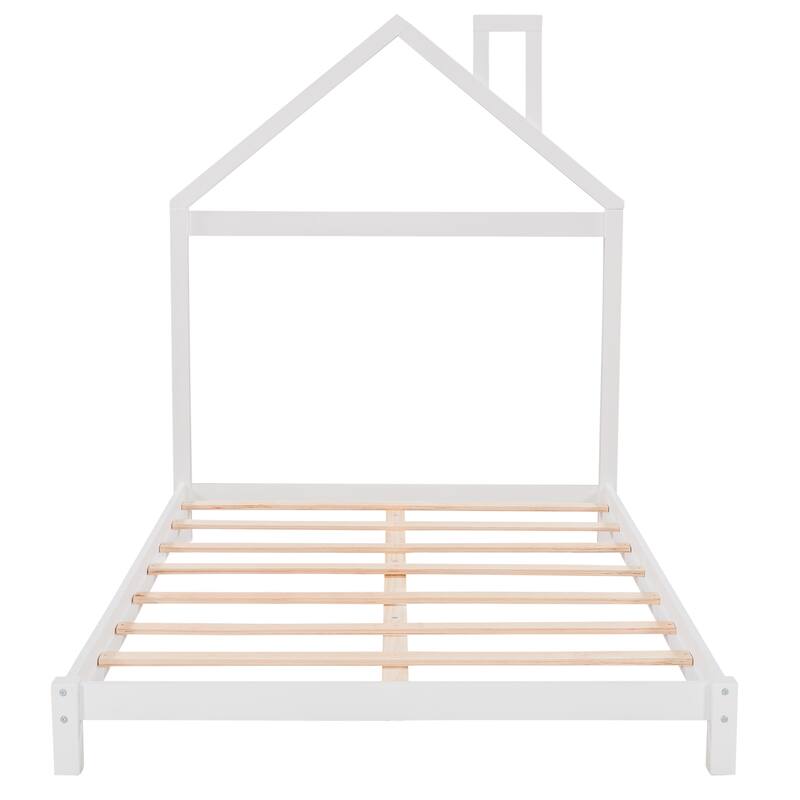 Wood Platform Bed with House-shaped Headboard
