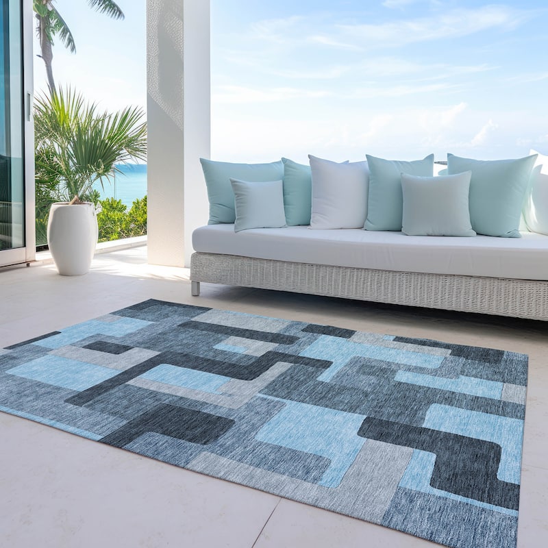Machine Washable Indoor/ Outdoor Contempoary Blocks Chantille Rug - Sky - 3' x 5'