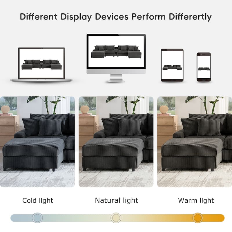 U-Shaped Cloud Corduroy Sectional Sofa with Console, Cup Holders, Bluetooth Speakers, Charging, Storage Ottoman, Deep Seats Sofa