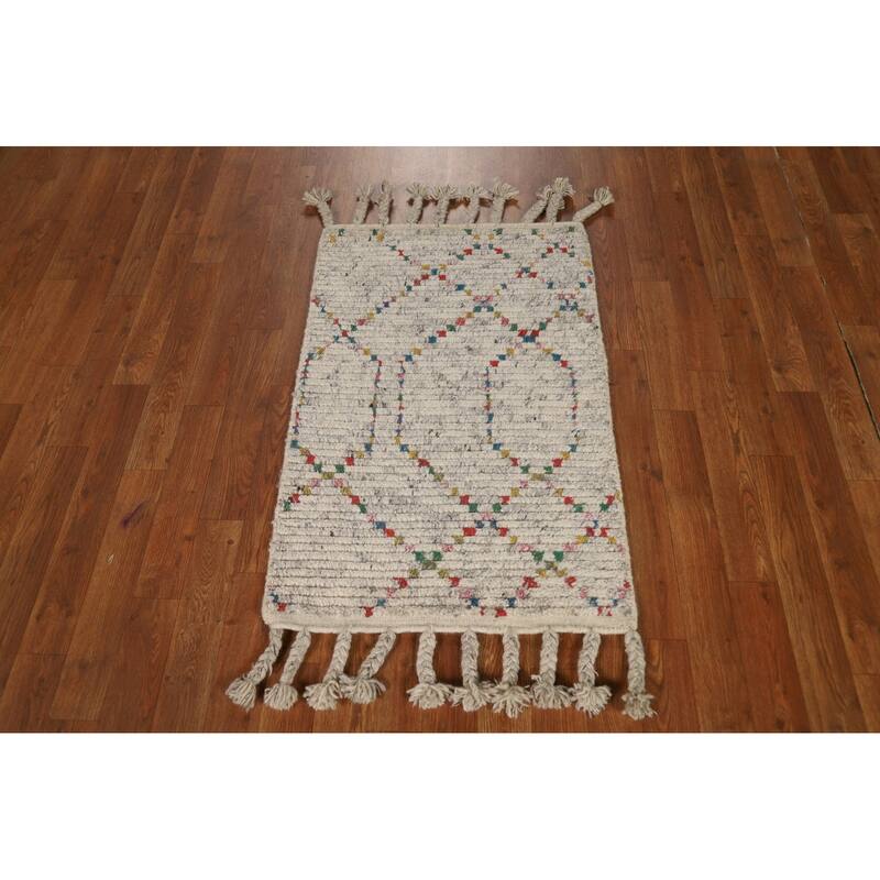 All-Over Striped Moroccan Indian Rug Hand-Knotted Wool Carpet - 2'0"x 3'0"