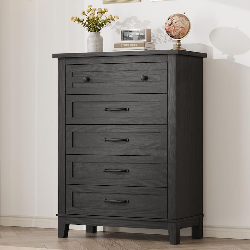 5 Drawer Dresser for Bedroom, Tall Freestanding Chest with Wood Frame and Vertical Storage - Black