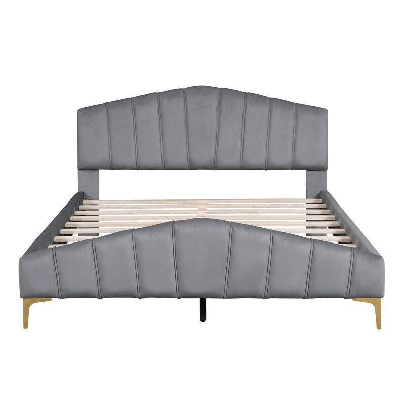 Queen Size Velvet Platform Bed with Metal Bed Leg