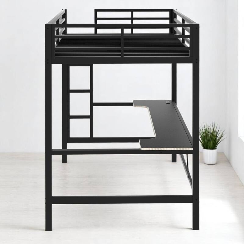 Twin/Full Size Gaming Metal Loft Bed with Desk, Remote LED Light & USB Charging Station - Space-Saving Frame