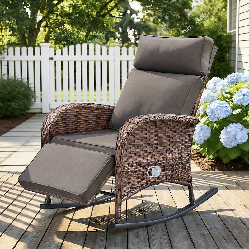Pocassy Outdoor Curved Rocker Chaise Lounge Chairs with Side Table Set. - Brown Wicker with Gray Cushion - 1 Piece Rocker Recliner Chair