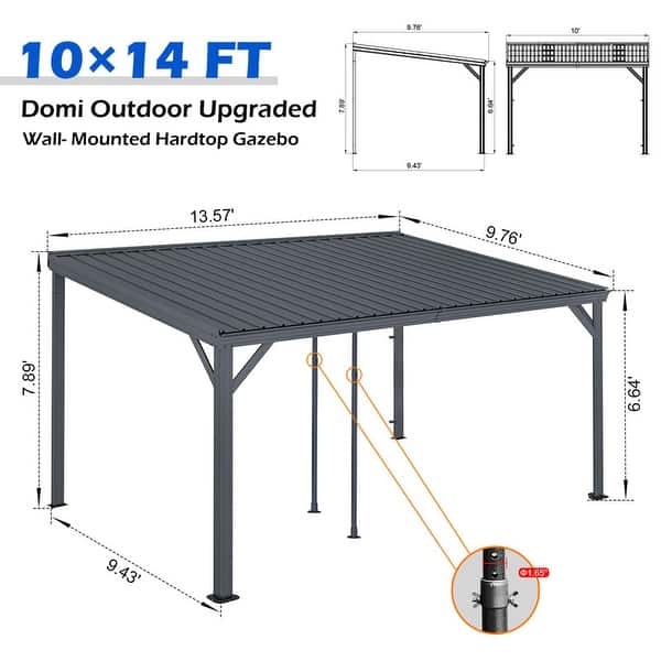 dimension image slide 4 of 6, Domi Lean to Gazebo, Outdoor Hardtop Wall Mounted Gazebo with Sloping Galvanized Steel Roof