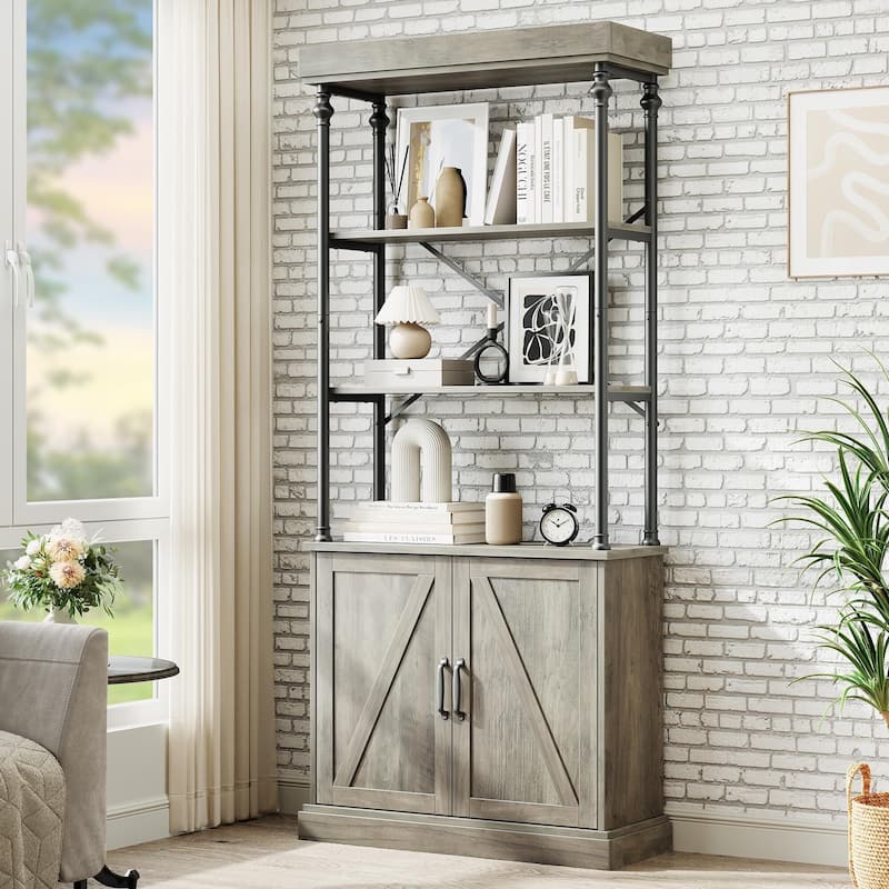 73''H Industrial Floor Standing Bookcase with Doors 5 Story Display Storage