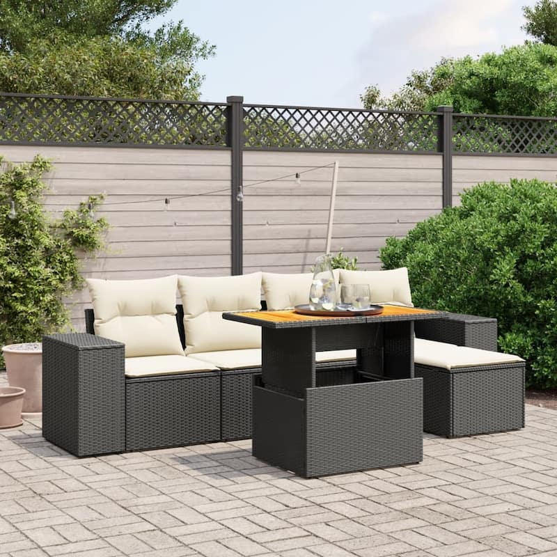 vidaXL Patio Sofa Set with Cushions Outdoor Furniture 6 Piece Poly Rattan - 21.7 x 24.4 x 27.2 - Black and Cream-without storage