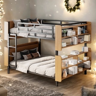 Black Full over Full Metal Full Size Bunk Bed ,Storage Platform Beds with Ladder and Shelves