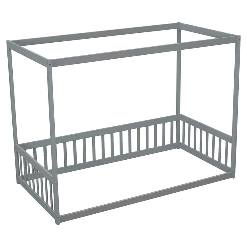 Wood Canopy Frame Floor Bed with Fence,Guardrails
