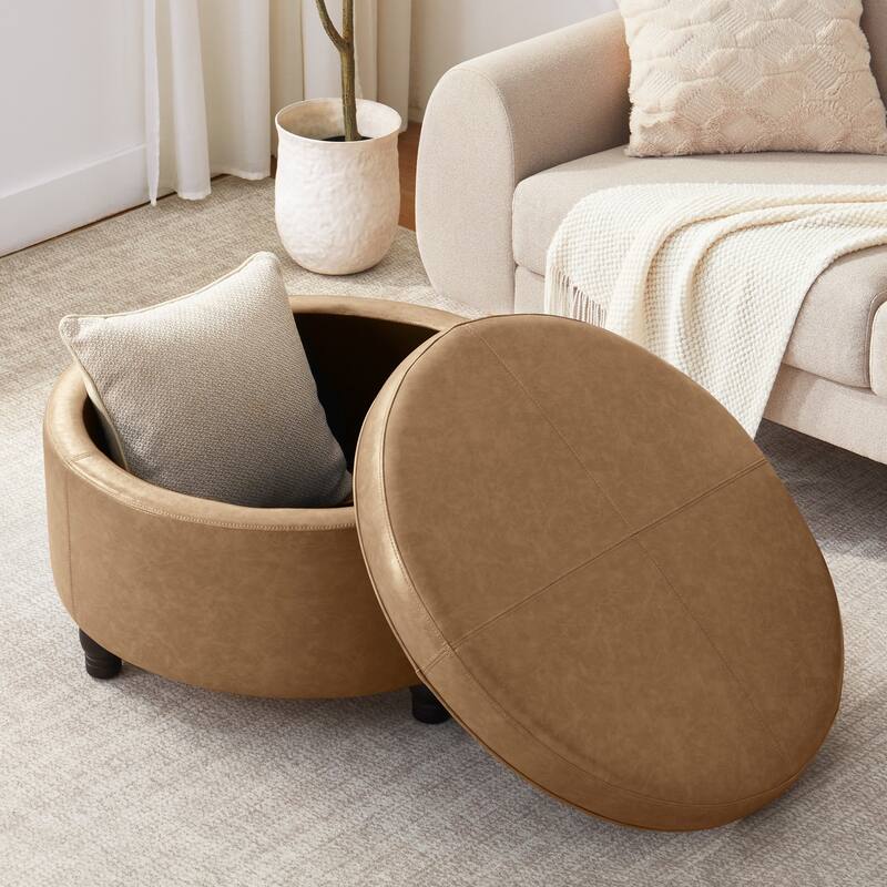 Faux Leather Round Storage Ottoman