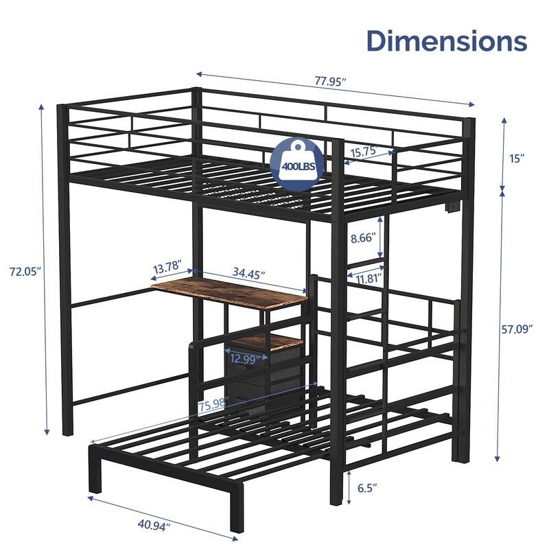 Twin Size Metal Bunk bed with Desk,Drawers,LED Strip,USB Charging Station, Guardrails and Ladder