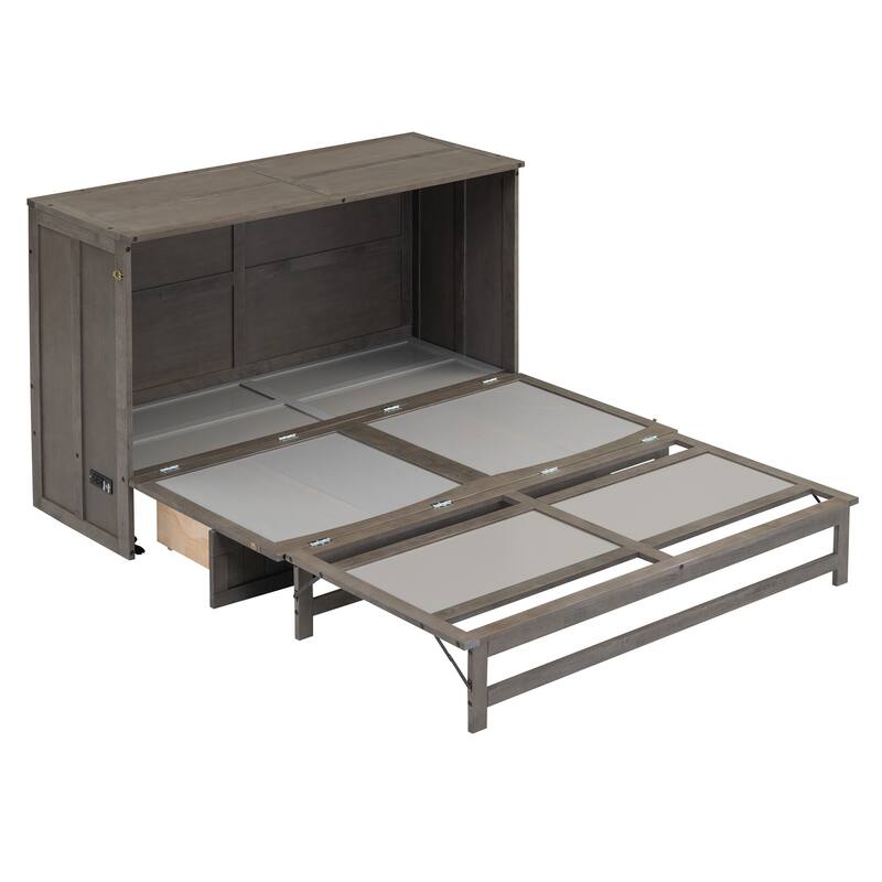 Queen Solid Pine Murphy Bed with Charging Station and Storage Drawer