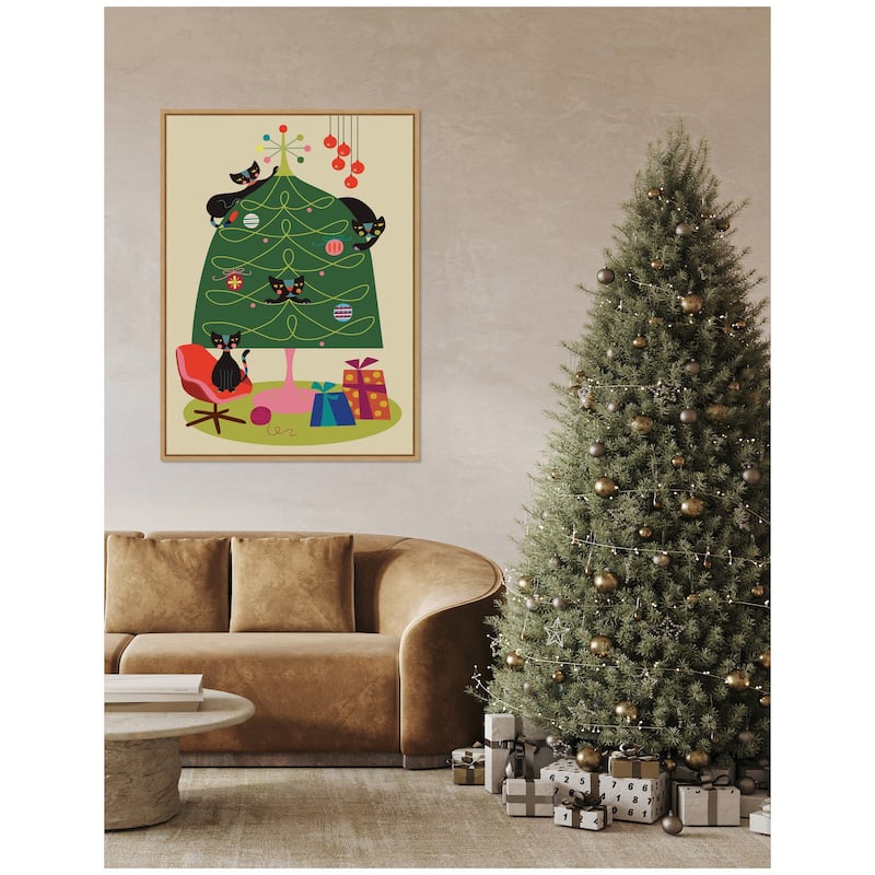 Kate and Laurel Sylvie Framed Canvas Retro Cats And Christmas Tree by Rachel Lee