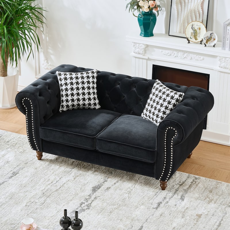 67"Chesterfield ‌velvet upholstery fabric Sofa with Roll Armrest & Nailhead,Upholstered Mid Century Modern Couch,2 Seater Couch