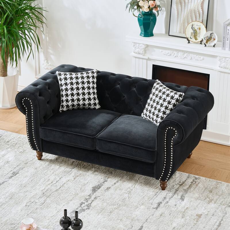 Elegant Velvet Sofa Couch Loveseat with Nailhead, 2-Seater Sofa Couch with Rolled Armrests for Living Room