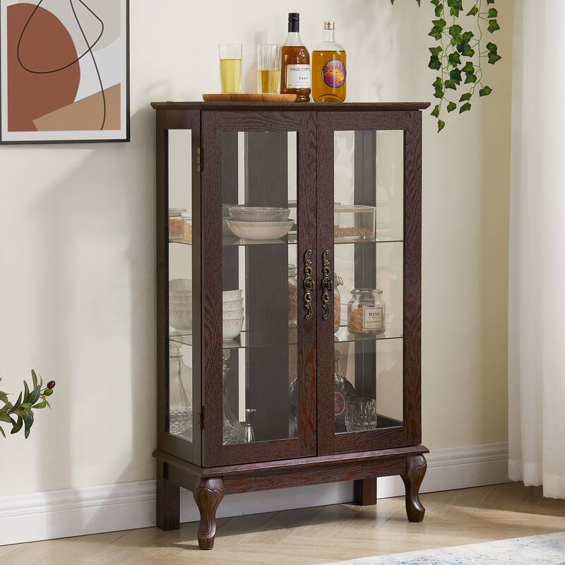 Lighted Curio Cabinet with Mirrored Back, 3 Tier Storage Display Cabinet with Tempered Glass Doors & Adjustable Shelves