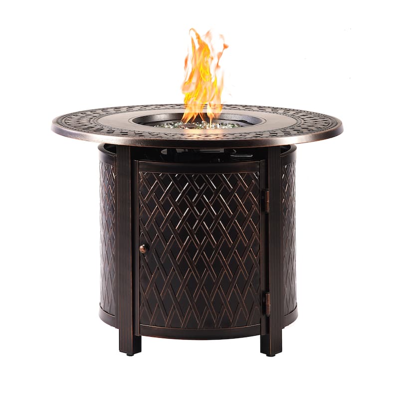 Round 34 in. x 34 in. Aluminum Propane Fire Pit Table with Glass Beads, Two Covers, Lid, 37,000 BTUs - N/A - Gold/Black