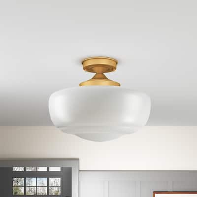 Modern Gold 1-Light Semi Flush Mount Ceiling Light with Milk White Glass Shade