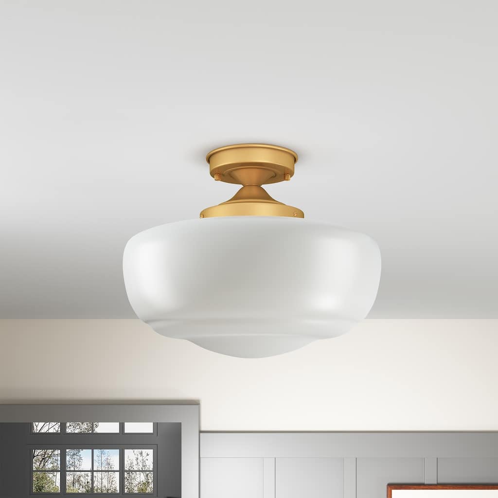 Modern Gold 1-Light Semi Flush Mount Ceiling Light with Milk White Glass Shade