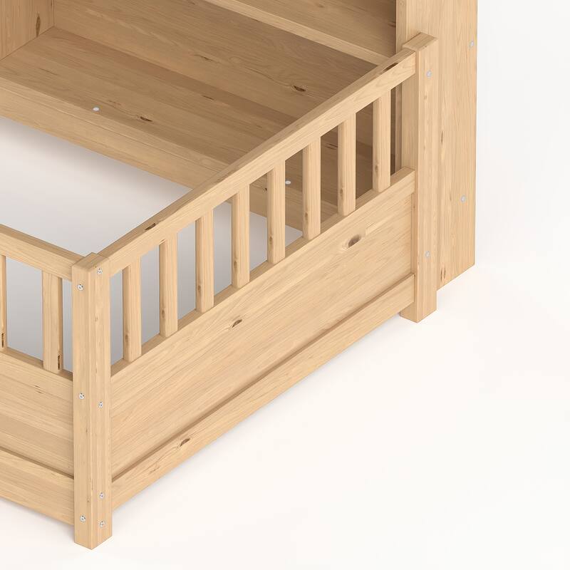 Wooden Floor Bed Frame with Fence Guardrail & Side Storage, Low Profile Kids Bed (Full/Twin)