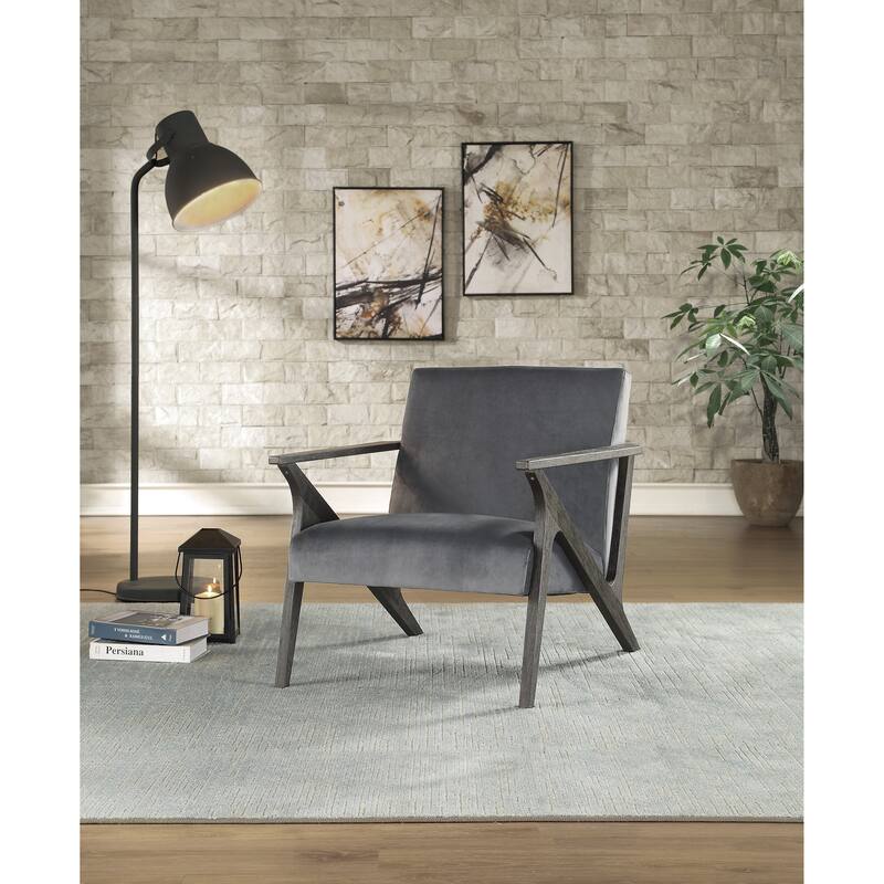 Antique Gray Finish Velvet Upholstery Accent Chair, Retro Style