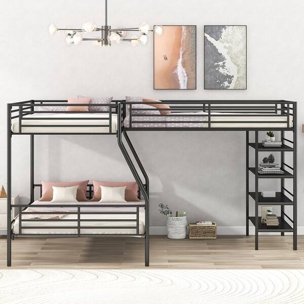 slide 2 of 10, L-Shaped Twin Over Full Bunk Bed with Shelves - Space-Saving Design