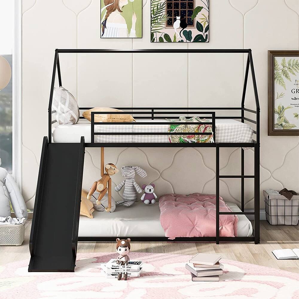 Heavy Duty Metal Low Bunk Bed with Roof House and Slide Platform Black