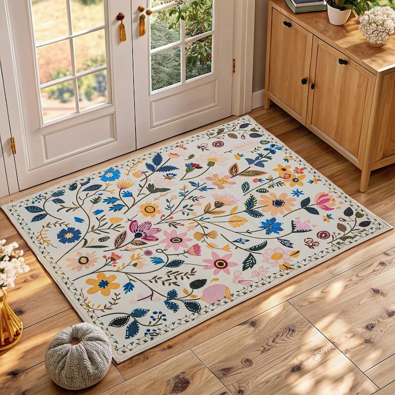 Nature Floral Non-Slip Machine Washable Colorful Modern Area Rug - Rectangle 2' x 3' - White