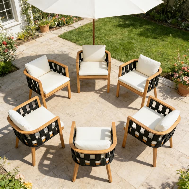 Christopher Knight Home Marrick Patio Acacia Wood Dining Chair with Cream Cushion and Black Flat Rope - 6 Piece-Teak + Black
