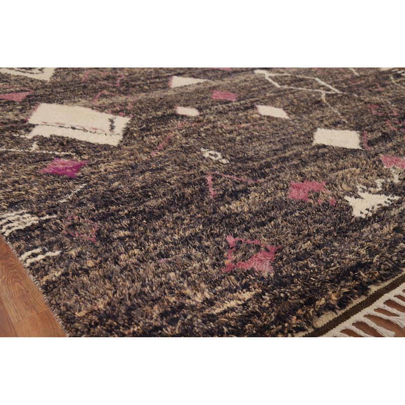 Brown Plush Moroccan Area Rug Hand-Knotted Living Room Wool Carpet - 9'0" x 12'5"
