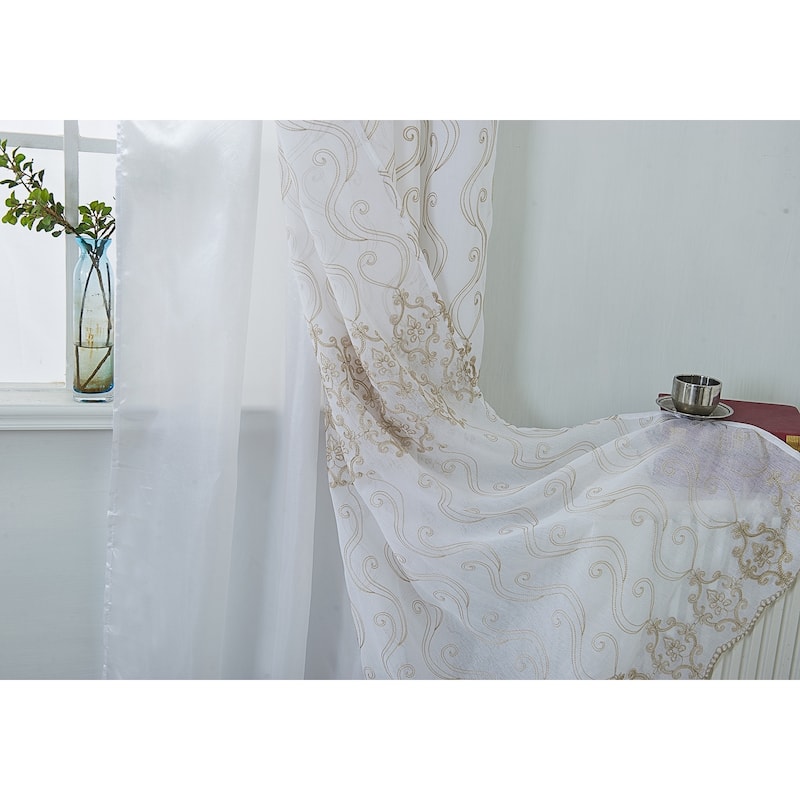 Porch & Den Easterday Damask Embroidered Rod Pocket Single Curtain Panel - 54 x 90 in.