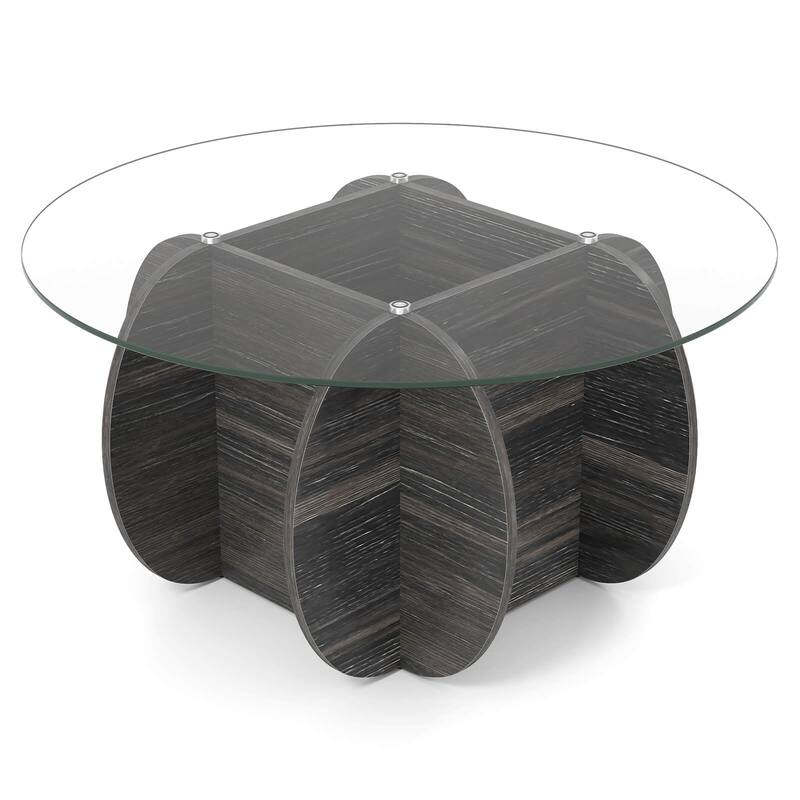 Costway 35" Round Coffee Table Modern Accent Table with Tempered Glass - Dark Rustic Oak - See Details