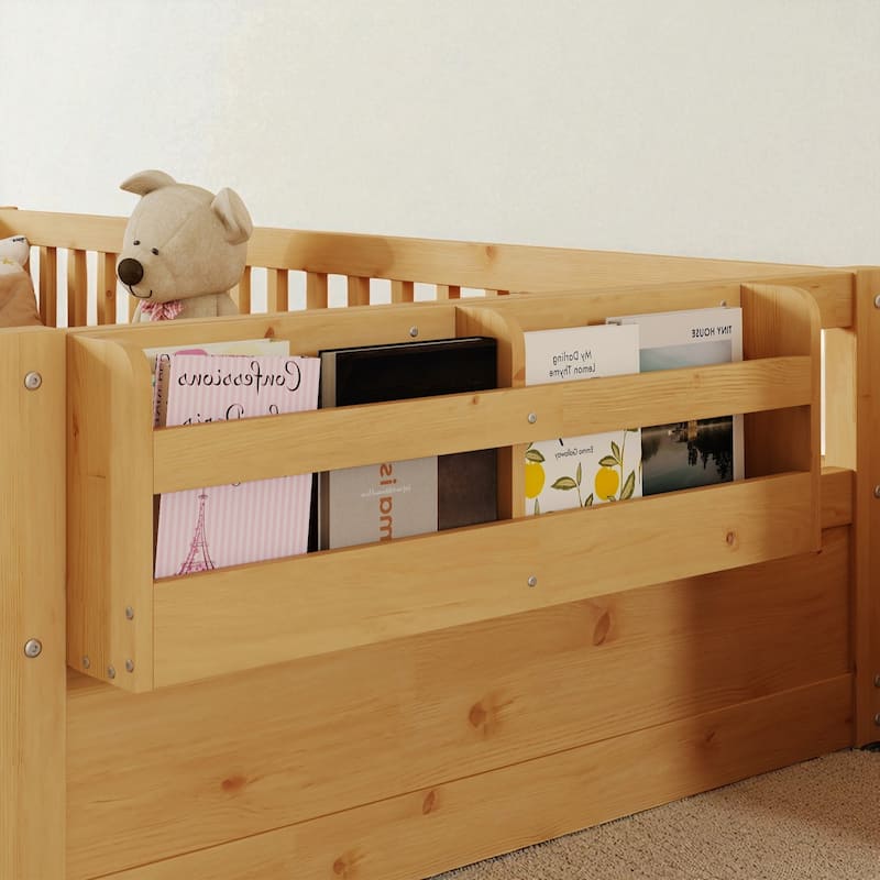 Twin/Full Montessori Wooden Floor Bed with High Rails, LED Light, and Side Storage Shelf for Kids