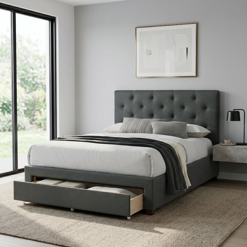 Furniture of America Malaer Modern Button Tufted 1-drawer Platform Bed - Dark Grey - King