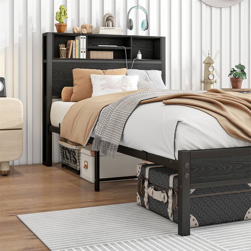 Twin Size Bed Frame w/Storage,Metal Platform Bed with Charging Station