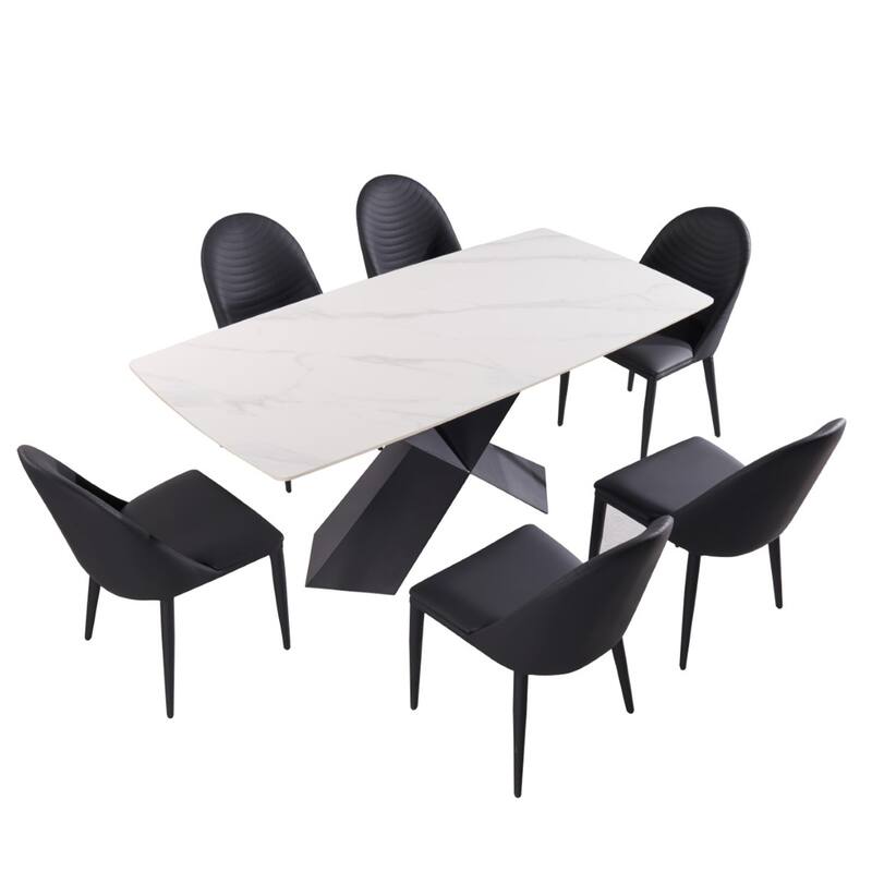 7 Piece Dining Set with Metal Legs in Black and White