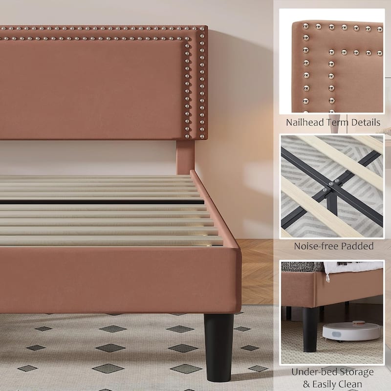VECELO Upholstered Bed Frames with Height Adjustable Headboard