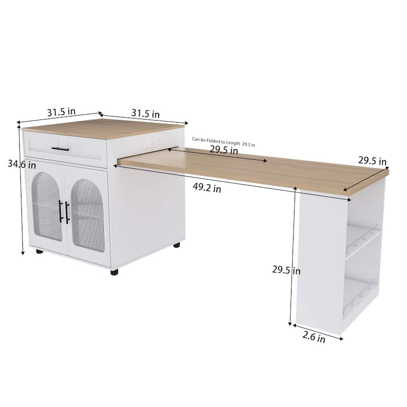 80-inch Expandable Kitchen Island with Dining Table, Marble-Grain Countertop, Mobile Storage Cart with Cabinet & 2 Drawers
