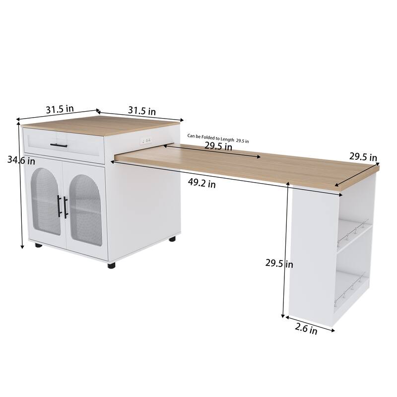 Expandable Kitchen Island with Dining Table, Wood Kitchen Table with Power Outlet, Mobile Storage Cart with 2 Drawers