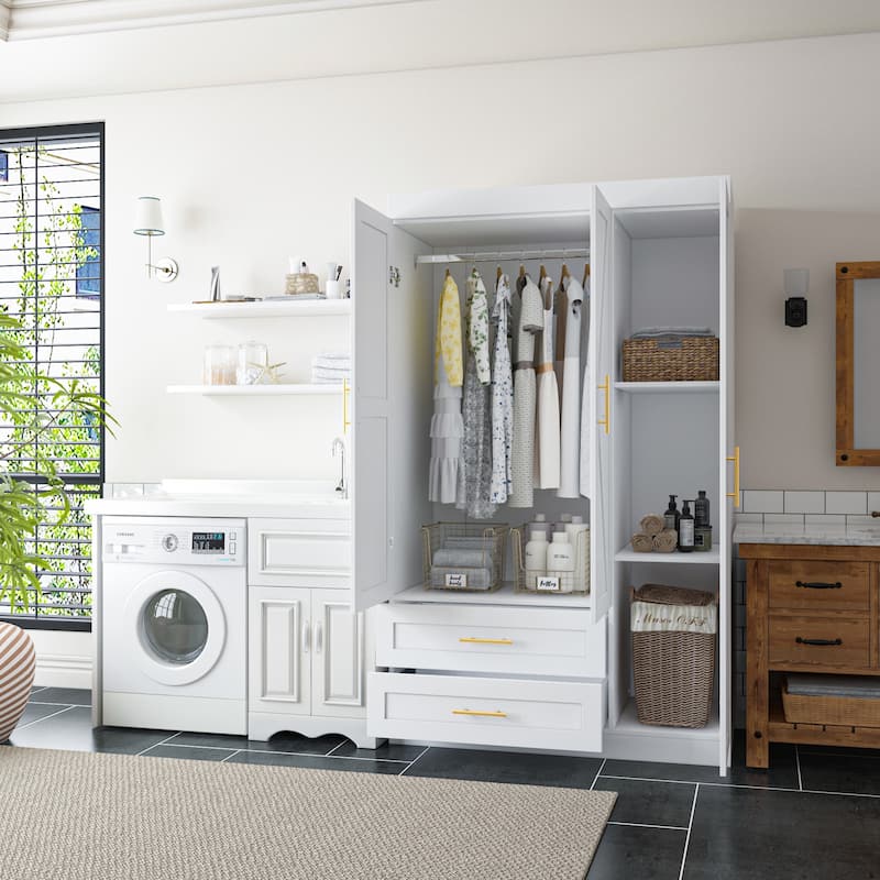 Classic Three-Door Wardrobe,Wood Bedroom Armoire with Hanging Rod and Shelves,Spacious Storage Closet,Modern Farmhouse Design