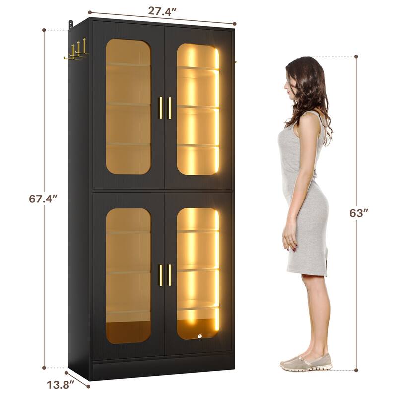 8-Tier Shoe Cabinet with LED Light, 32 Pairs Tall Shoe Storage Organizer with Side Hooks