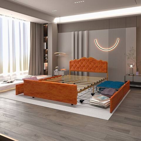 Queen Size Metal Frame, Solid Wood Ribs Bed with Buckle Backrest, Storage Drawers