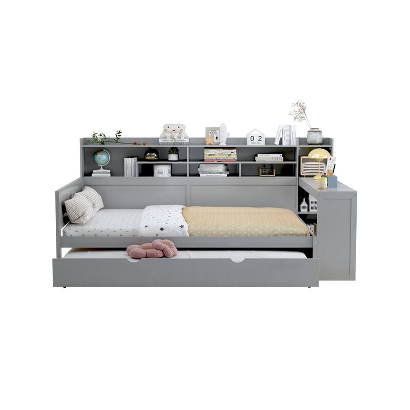 Wooden Daybed with Storage Shelves, Multi-functional Bed with Twin Size Trundle Bed and Study Desk