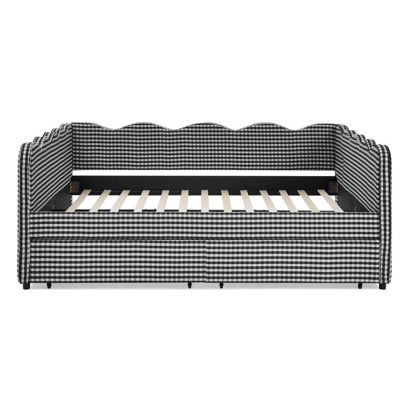 Full/Queen Gingham Daybed with 2 Storage Drawers, USB Port & Wave Shaped Linen Fabric