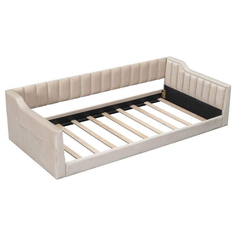 Upholstery Floor Bed Frame, Twin XL Size Daybed and Side Storage Pocket, Velevet Low Profile Bed, No Box Spring Required